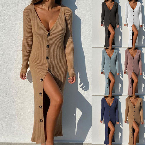Knit dress for women with button placket and split neckline Lune London