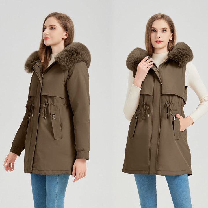 Women's Functional Parka with Removable Faux Fur Collar and Waist Drawstring Lune London