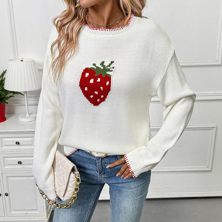 Knitted sweater for women with strawberry fruit pattern and relaxed fit Lune London