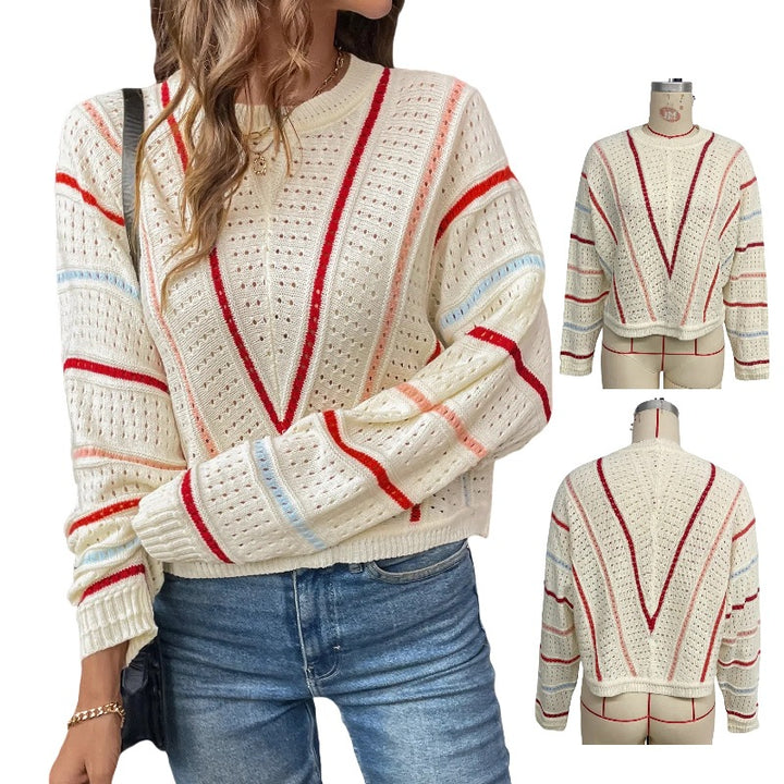 Knitted sweater for women with a generous openwork pattern structure and colorful accents Lune London