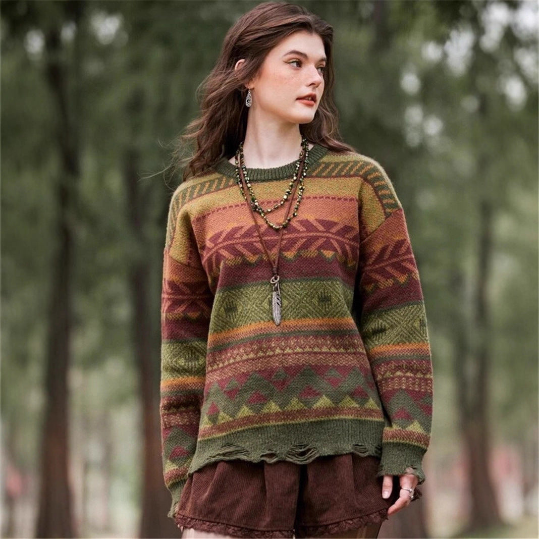 Bohème patterned women's sweater with fringed hem Lune London