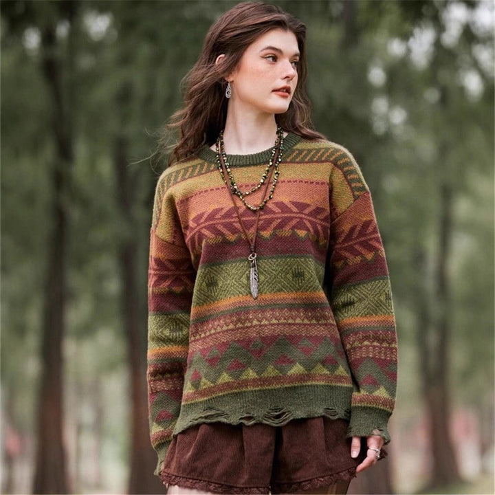 Bohème patterned women's sweater with fringed hem Lune London