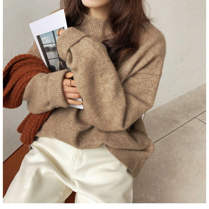 Ladies oversized thick sweater with high collar and ribbed knit Lune London