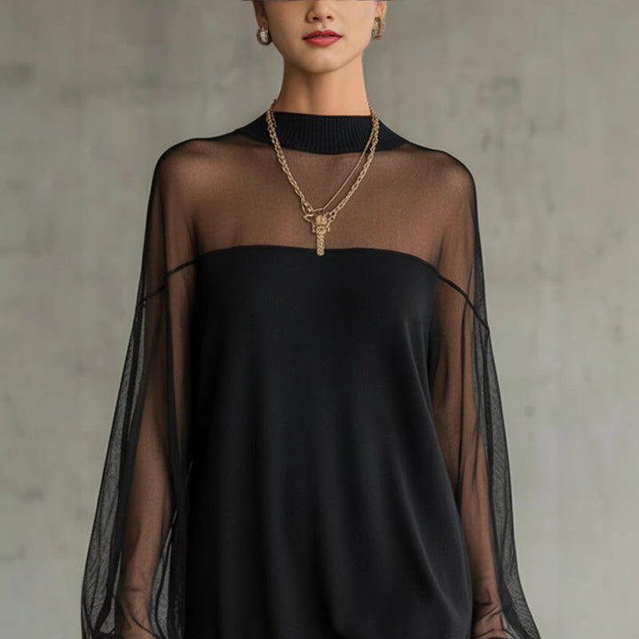 Women's Airy Mini Dress with Transparent Sleeve Parts and Stylish High Neck Lune London