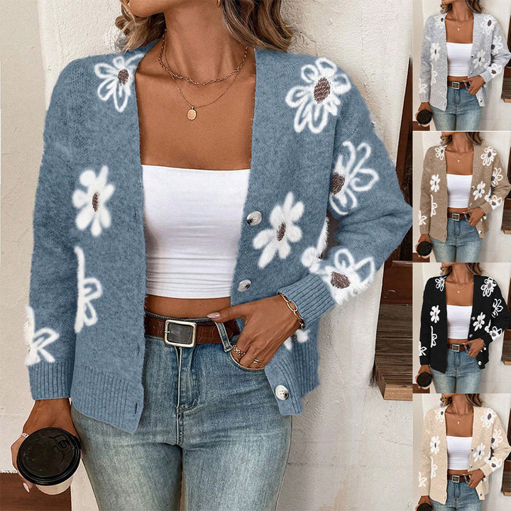 Women's knitted jacket with floral design and button details Lune London