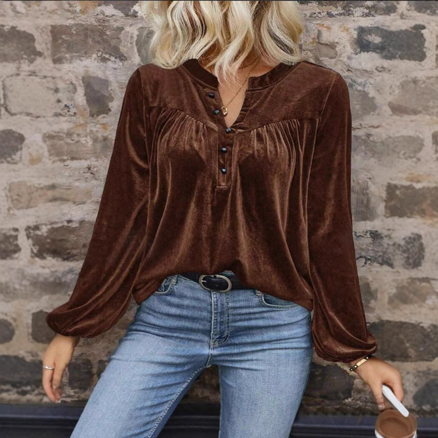 Velvet blouse for ladies with button placket and balloon sleeves Lune London