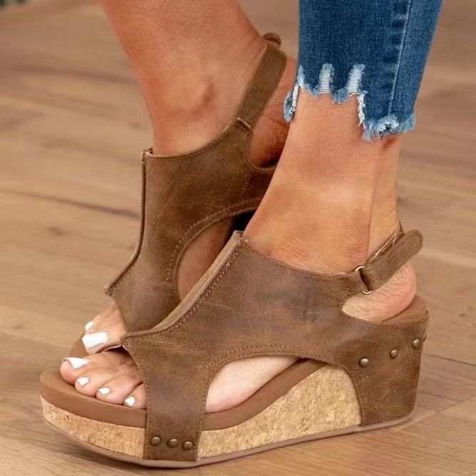 Shiny wedge sandals for women with cork sole and fashionable metallic accents Lune London
