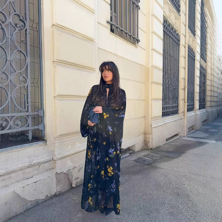 Maxi dress for women with elegant high collar and printed floral design Lune London