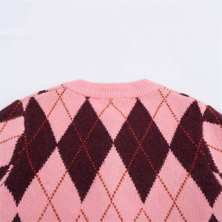 Women's patterned knit cardigan with buttons and intricate diamond design Lune London