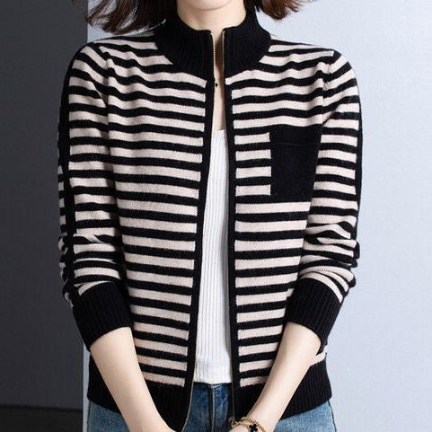 Knitted jacket for women with high collar and zipper Lune London