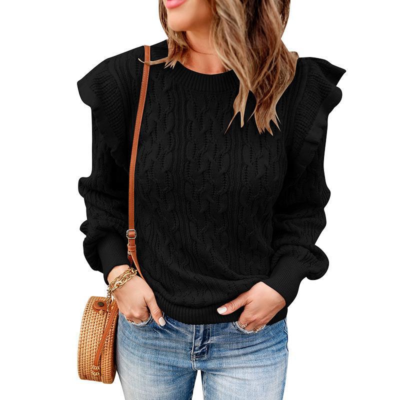 Women's loose knit sweater with ruffled columns and a trendy Lune London pattern