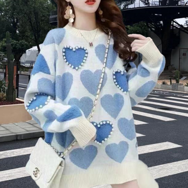 Ladies Knitted sweater with heart-shaped appliqués and ribbed collar Lune London
