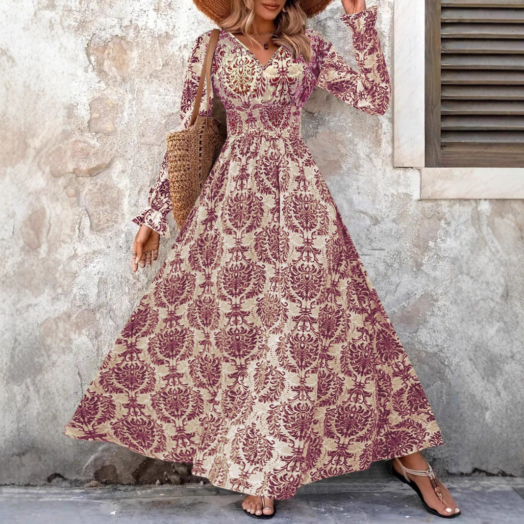 Long maxi dress for women with floral Jacquard pattern and voluminous sleeves Lune London