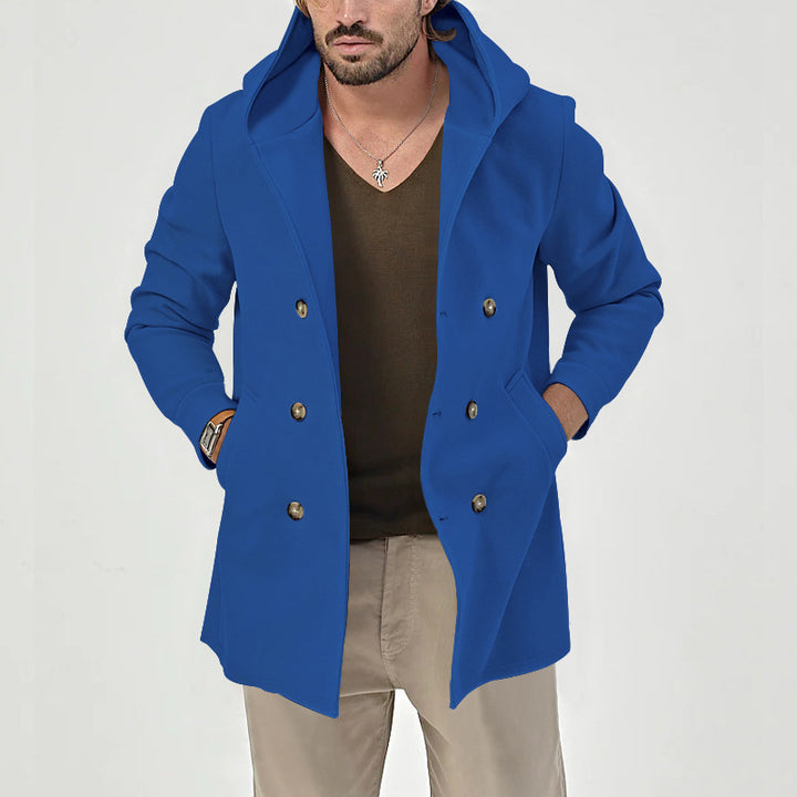 Elegant double-breasted coat for men with large hood Lune London