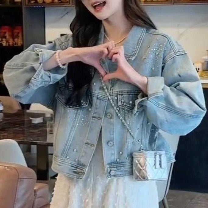 Veste en denim pour femme avec perles décoratives Chic & Stil