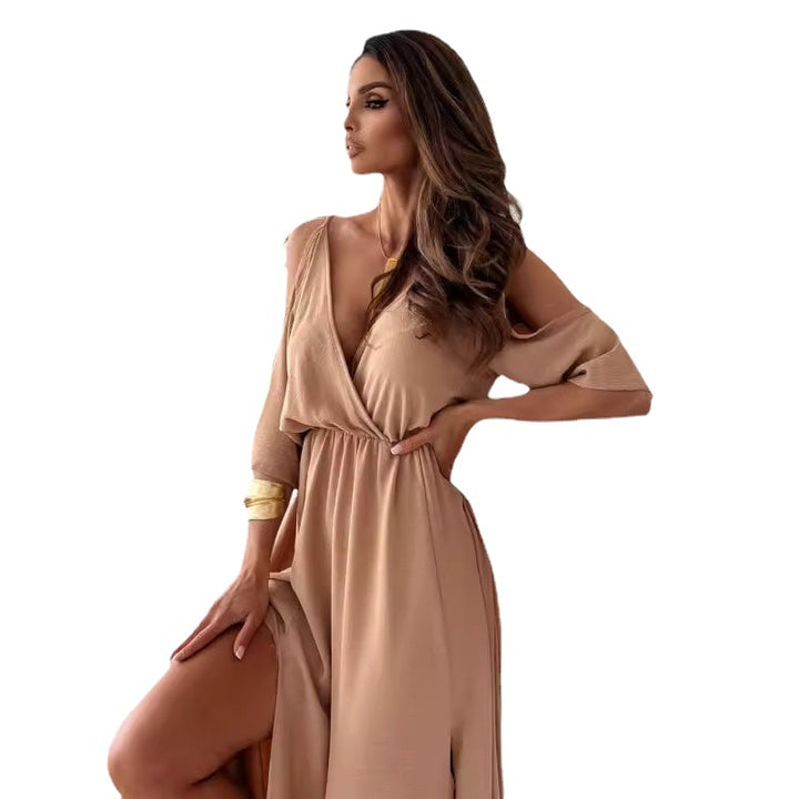 Maxi dress with high slit for women with adjustable tie belt Lune London