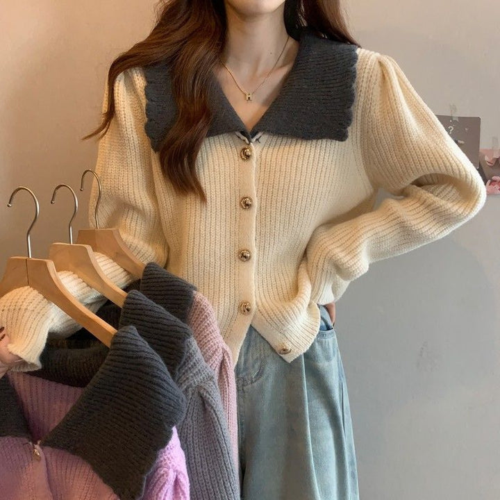 Ladies cardigan with vintage collar and large button details Lune London