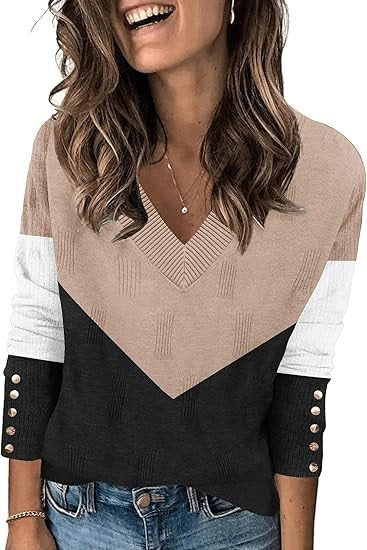 Trendy V-neck sweater for women with color block and button details Lune London