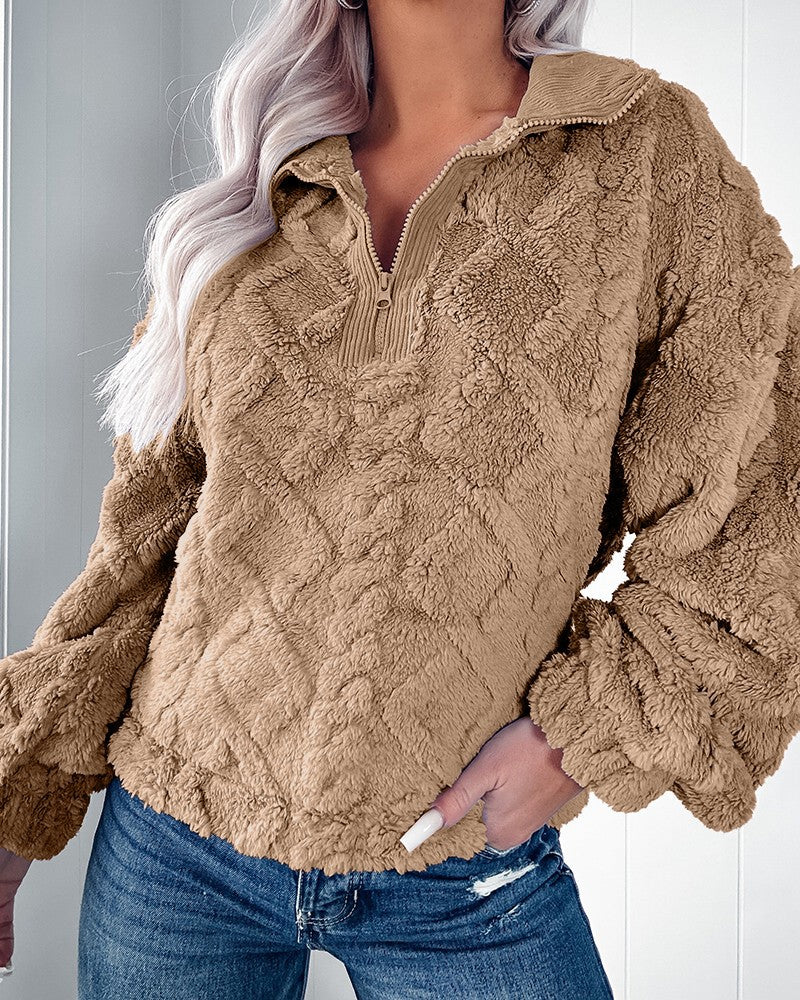 Ladies Plush Fleece Sweater with Zipper and Quilted Design Lune London