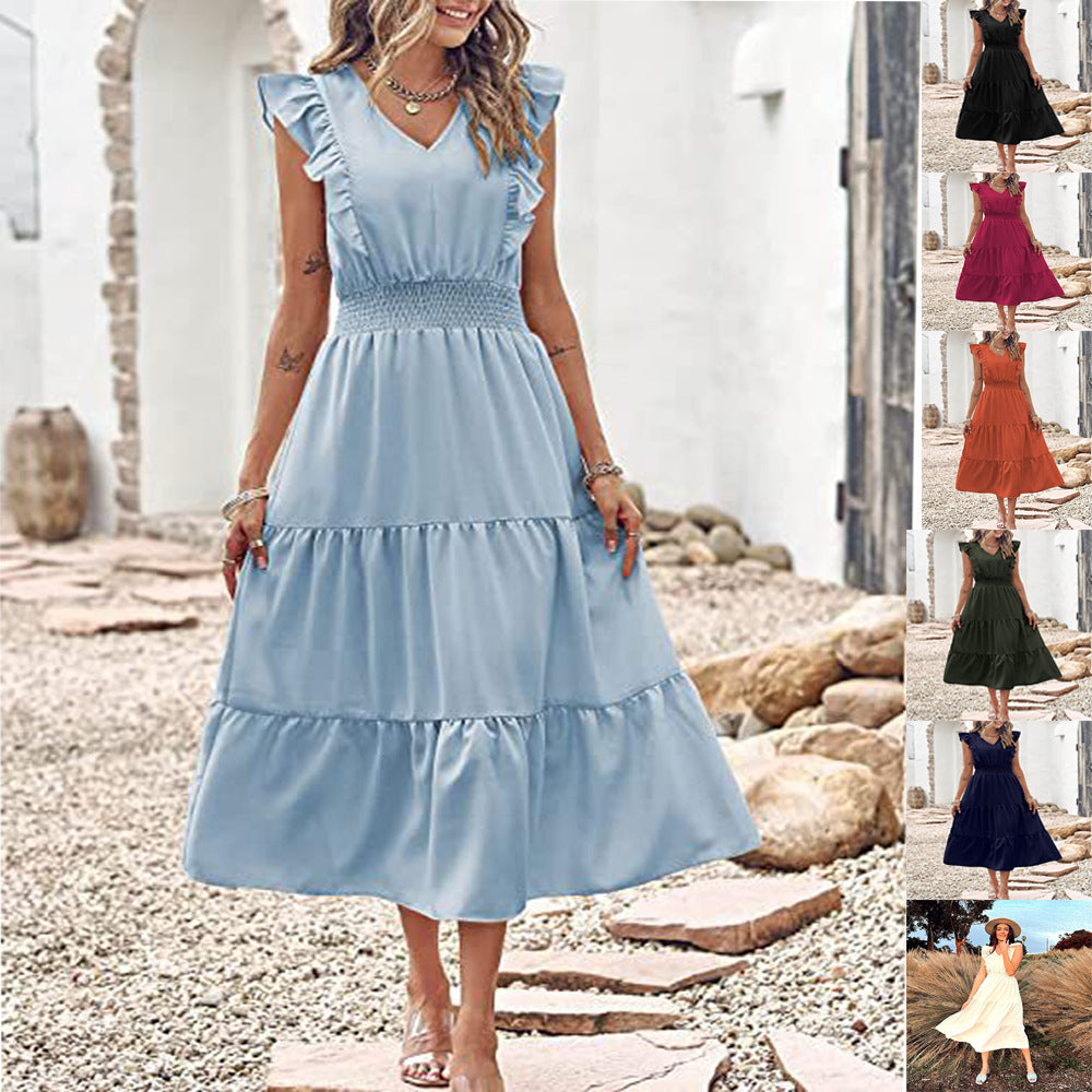 Maxi dress for women with ruffle details and elastic waist Lune London