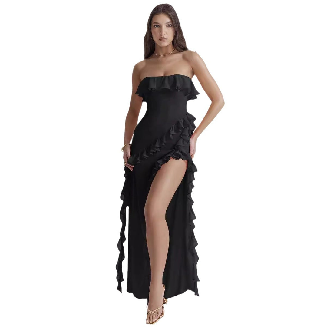 Maxi dress for women with off-shoulder ruffles and slit Chic & Stil