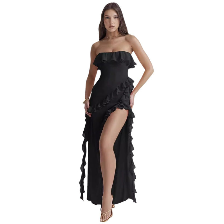 Maxi dress for women with off-shoulder ruffles and slit Chic & Stil
