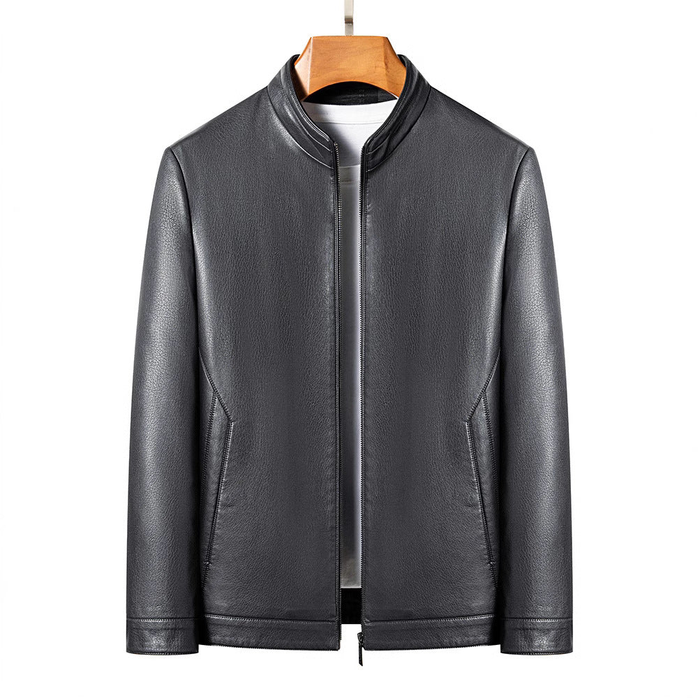 Casual faux leather jacket for men with a modern high collar and chic stylish details