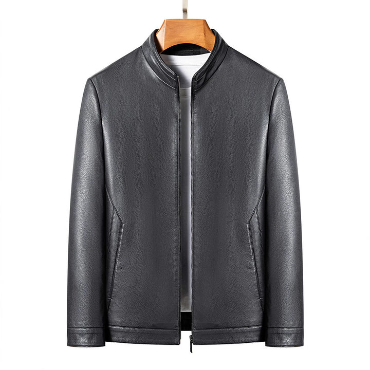 Casual faux leather jacket for men with a modern high collar and chic stylish details