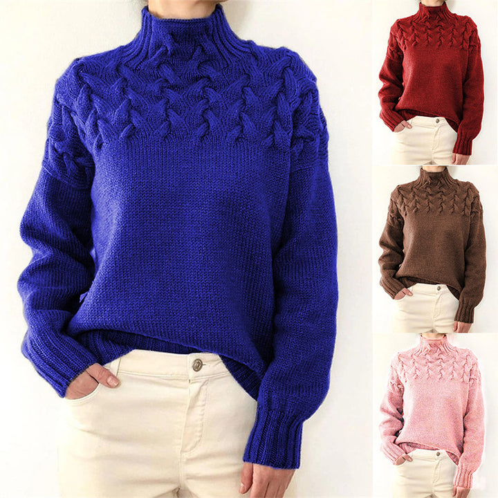 High neck sweater for women with decorative cable knit pattern Lune London
