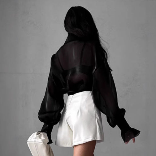 Women's Transparent Blouse with Voluminous Sleeves and Elegant Ruffle Details Chic Und Stil