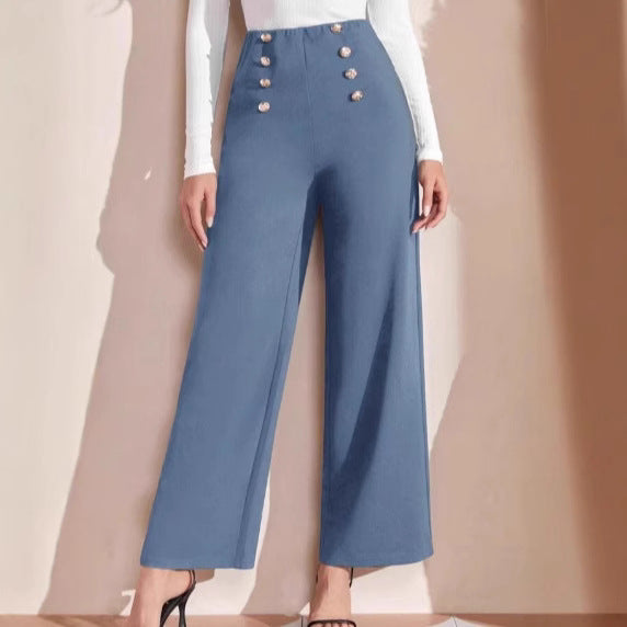 High-waisted wide-leg pants for women with decorative buttons Lune London