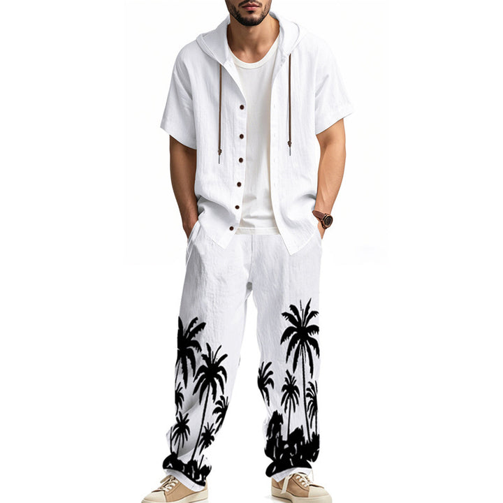 Casual outfit for men with t-shirt and hoodie pants with a trendy palm print Lune London