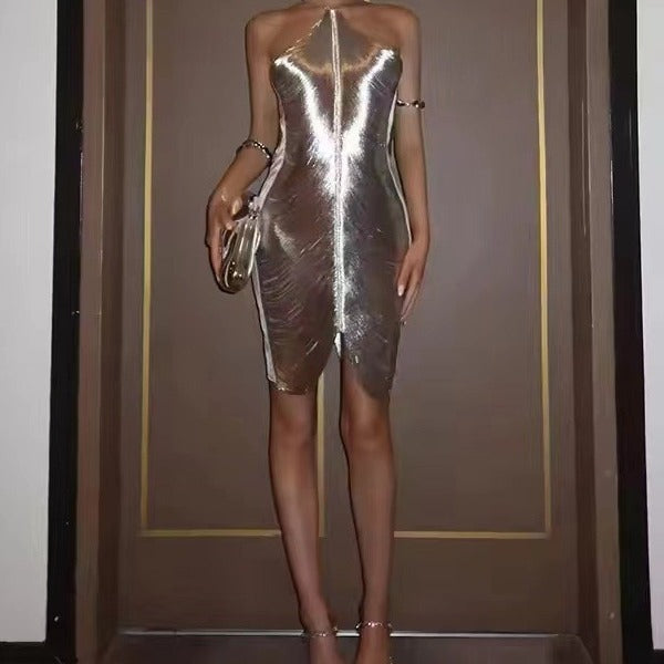 Ladies Elegant Party Dress with Seductive Slit and Gold Accents Lune London