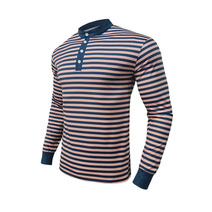 Men's Long Sleeve Henley T-shirt with Fine Striped Pattern and Modern Collar Lune London