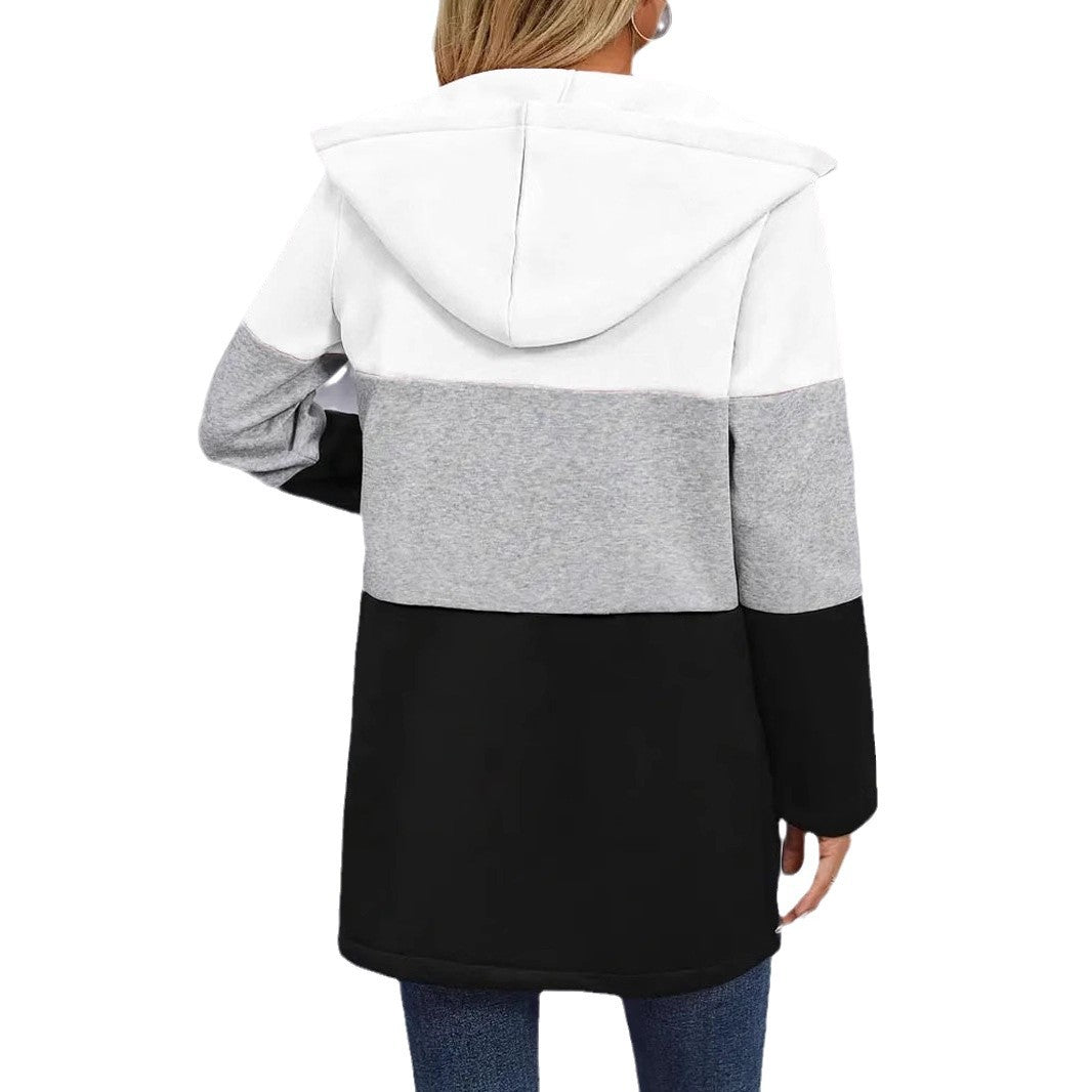 Ladies casual hooded coat with chic color block design