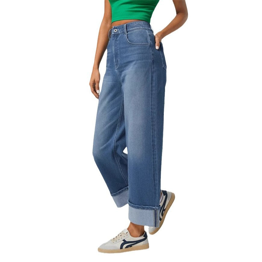 Pantalons en denim à large coupe pour femmes avec ourlet à revers Chic & Stil
