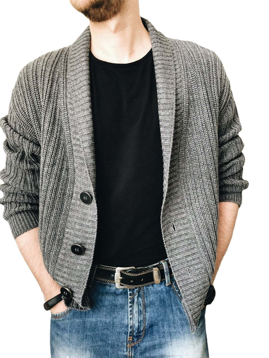 Men's knit jacket with fashionable shawl collar and practical buttons Lune London