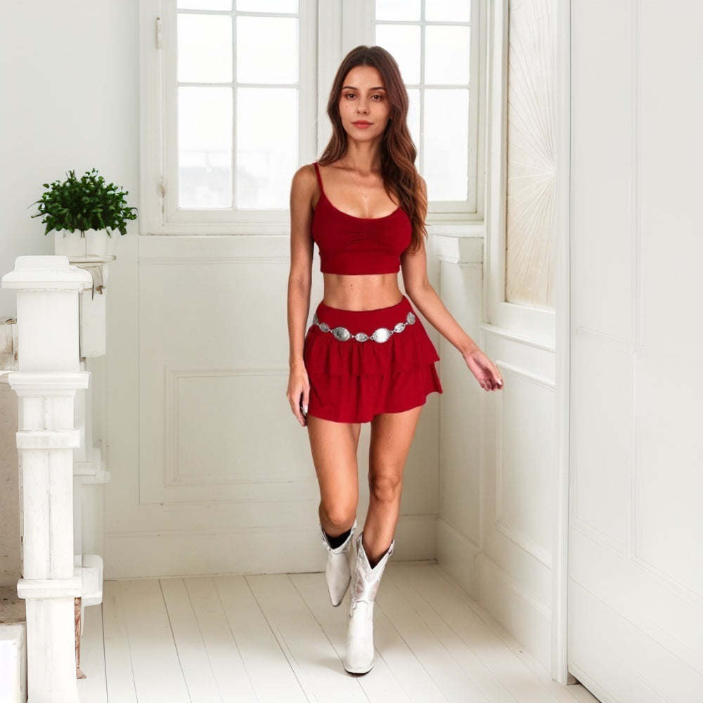 Chic & Stil Women's Short Top Set and Mini Skirts with Ruffles and Elastic Waist