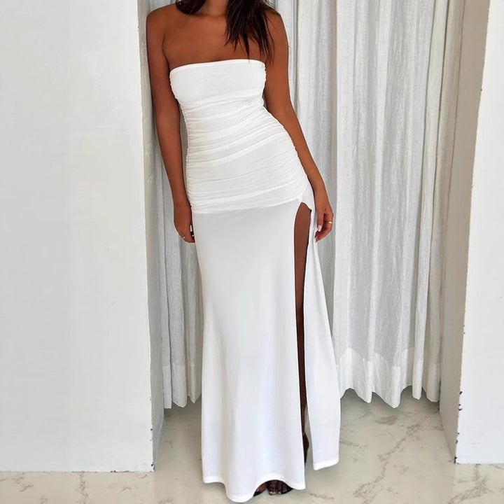 Elegant sleeveless maxi dress for women with high slit and ruffles Lune London