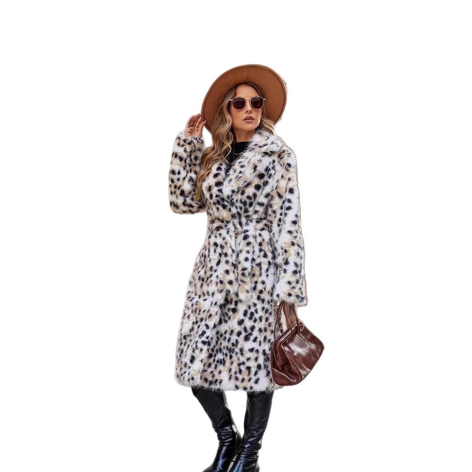 Ladies Cozy Leopard Coat with Belt and Chic Collar