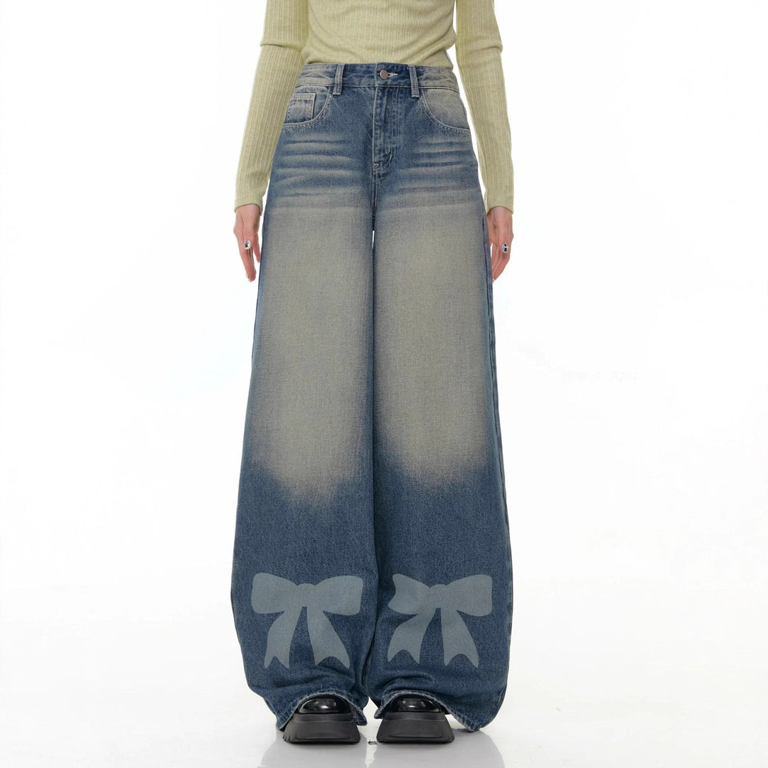 Women's Wide Denim Pants with Exciting Bow Details Lune London