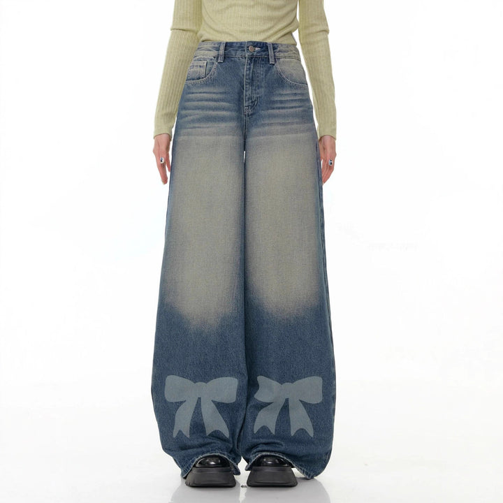 Women's Wide Denim Pants with Exciting Bow Details Lune London