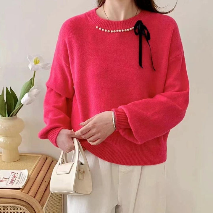 Ladies' fashion sweater with decorative band and pearl details Lune London