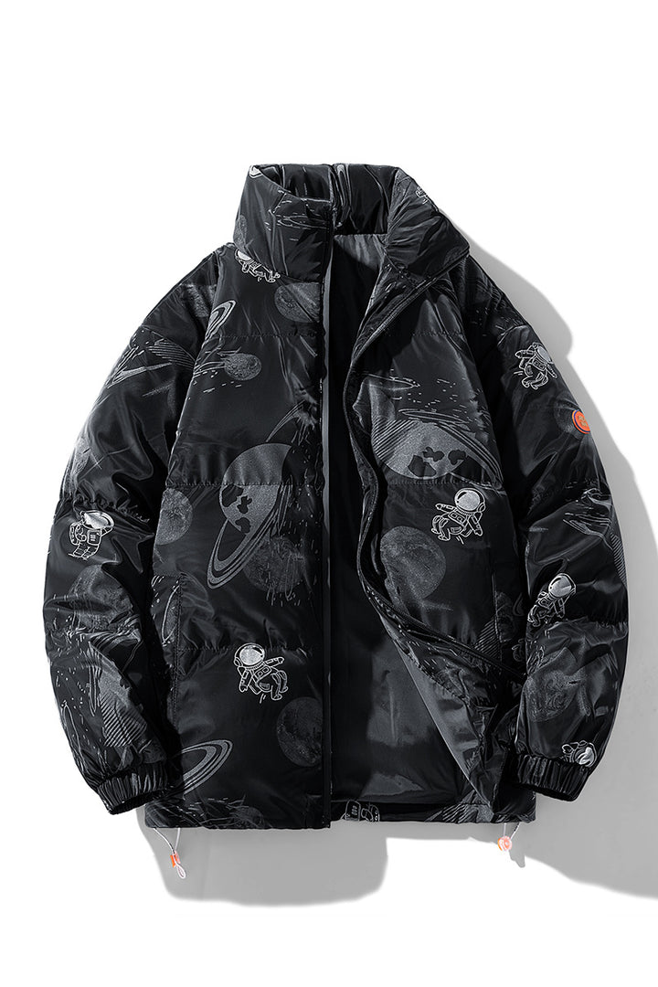 Ladies futuristic quilted jacket with astronaut patterns Lune London
