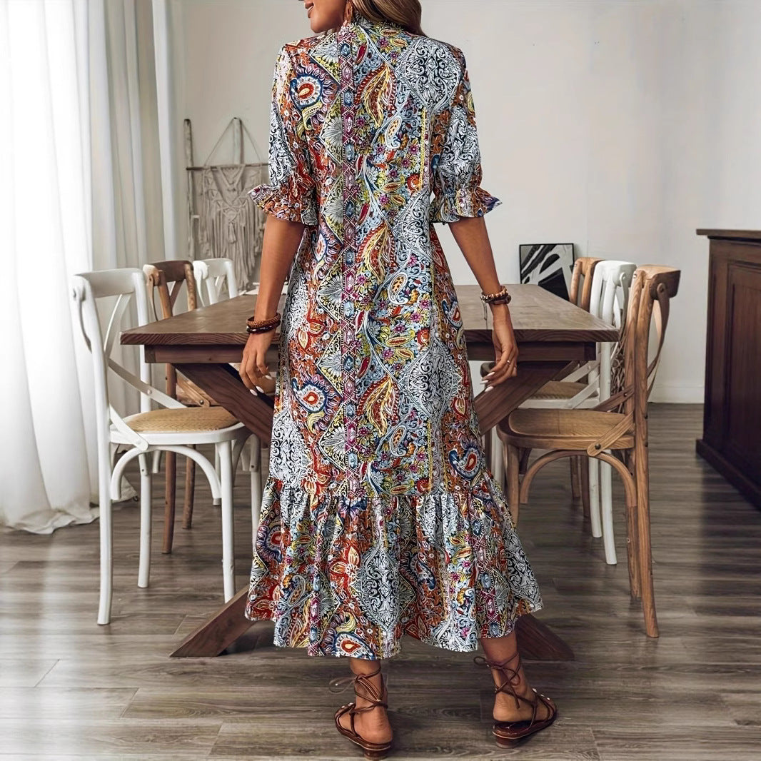 Women's maxi dress with colorful Paisley pattern and fashionable ruffle Lune London