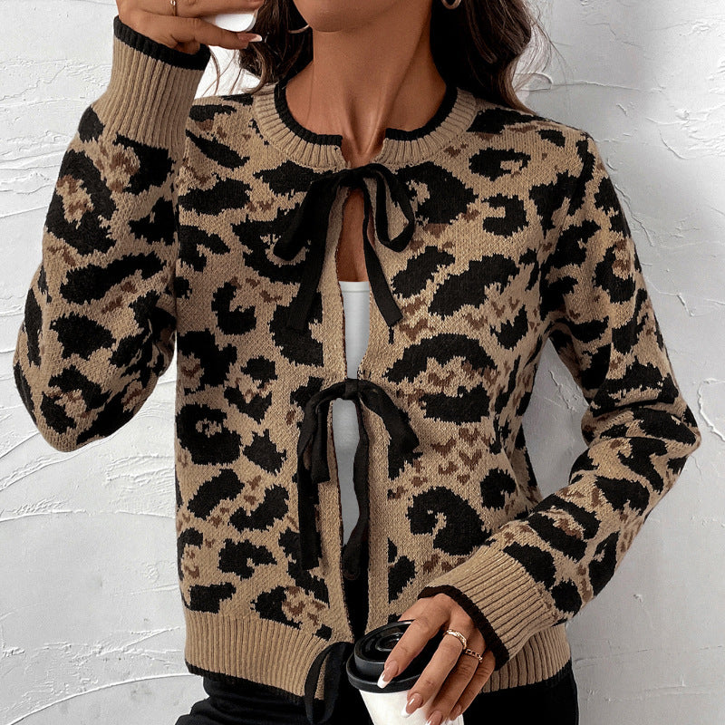 Fashionable knitted cardigan for women with bow detail and animal pattern Lune London