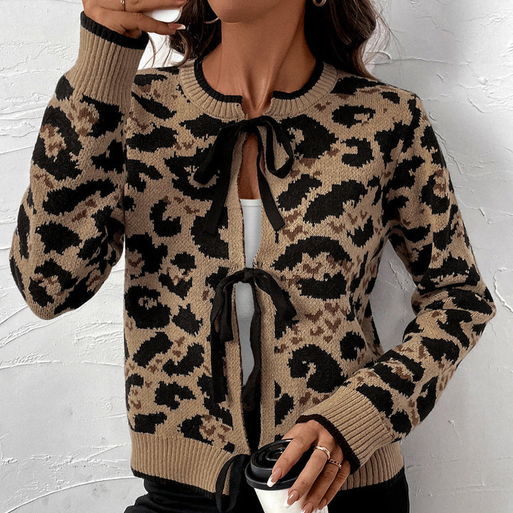 Fashionable knitted cardigan for women with bow detail and animal pattern Lune London