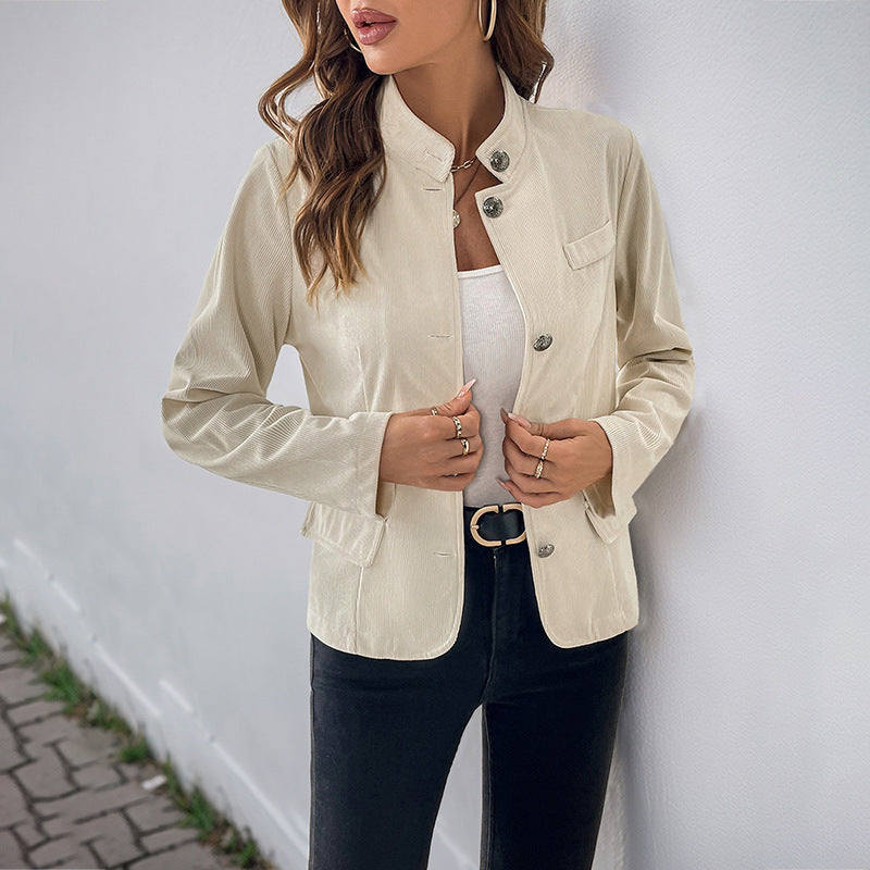 Trendy blazer jacket for women with a stand collar and snap button closure Lune London