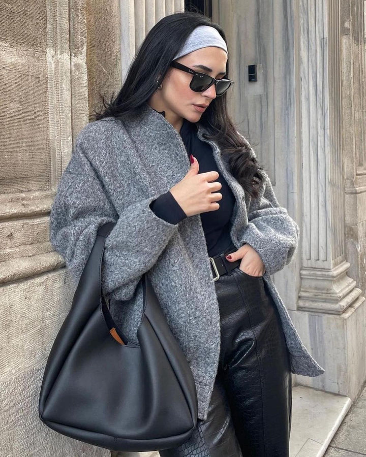 Ladies elegant oversized wool jacket with relaxed fit and textured fabric Lune London