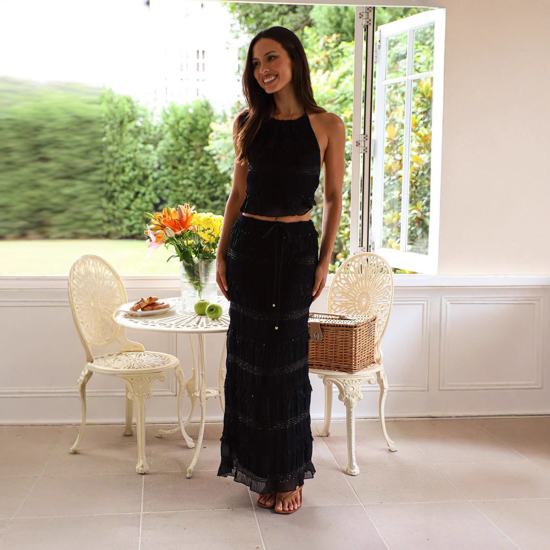 Women Two-Piece Set with Gathered Top and Maxi Skirt